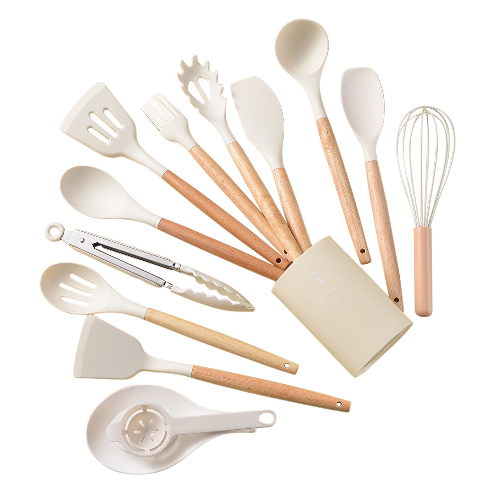 Kitchen Utensils & Gadgets,Wooden Handle Silicone Kitchenware Set 14 Piece Round Barrel Set Non Stick Pot Cooking Spo... - Image 4
