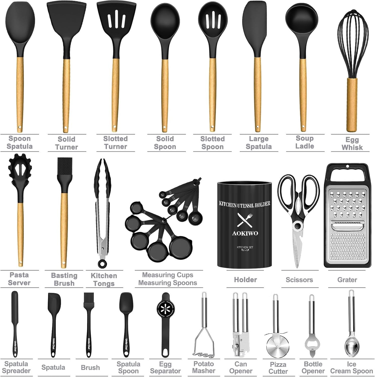 Kitchen Utensil Set, AOKIWO 34Pieces Silicone Cooking Utensil Set with Wooden Handle, Heat Resistant Spatula Set Gadgets Tools Cookware, Bla - Image 3