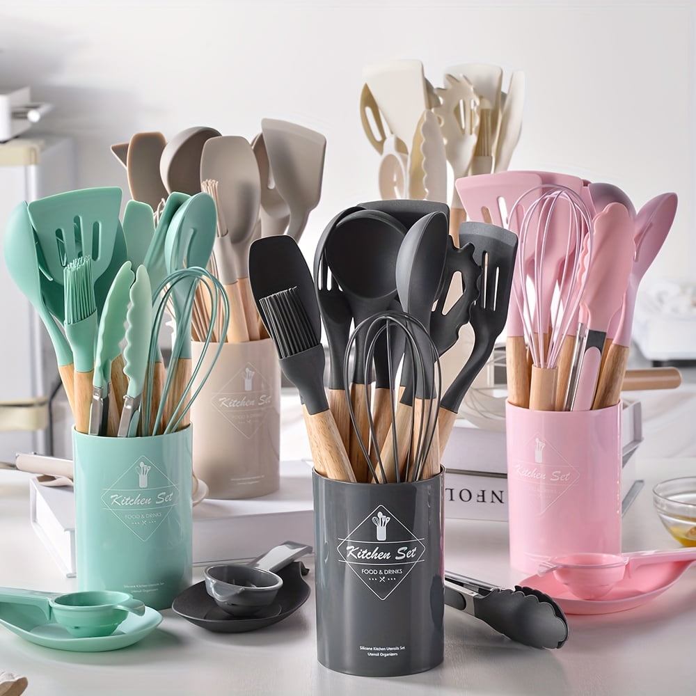 14pcs/set, Silicone Utensil Set, White Kitchen Utensil Set, Safety Cooking Utensils With Storage Bucket, Non-Stick Cooking Utensils With Woo - Image 2