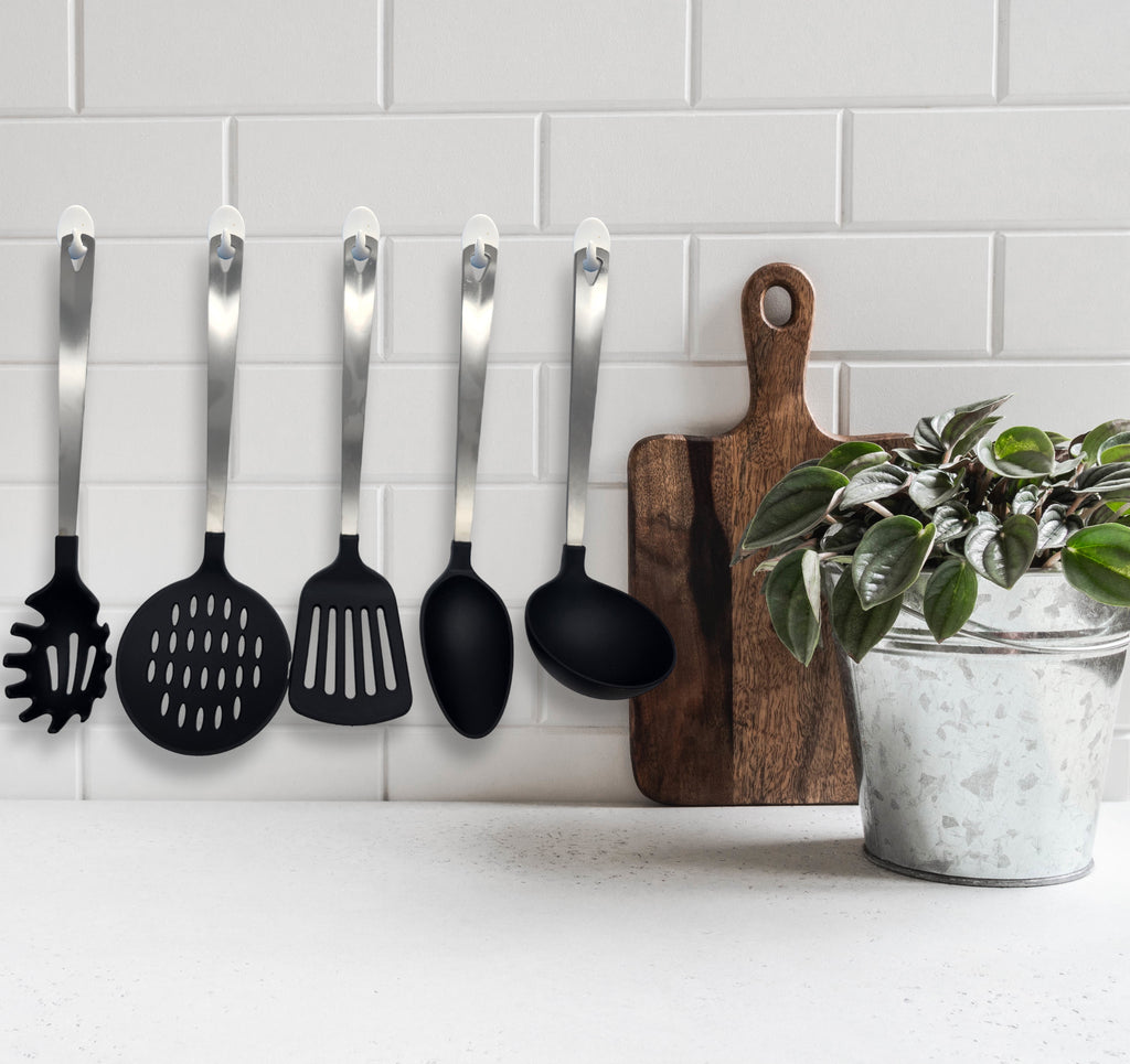 Mainstays Stainless Steel and Nylon Kitchen and Cooking Utensil Set, Spoon, Spatula, Ladle, Pasta Spoon and Skimmer Assorted Colors - Image 2
