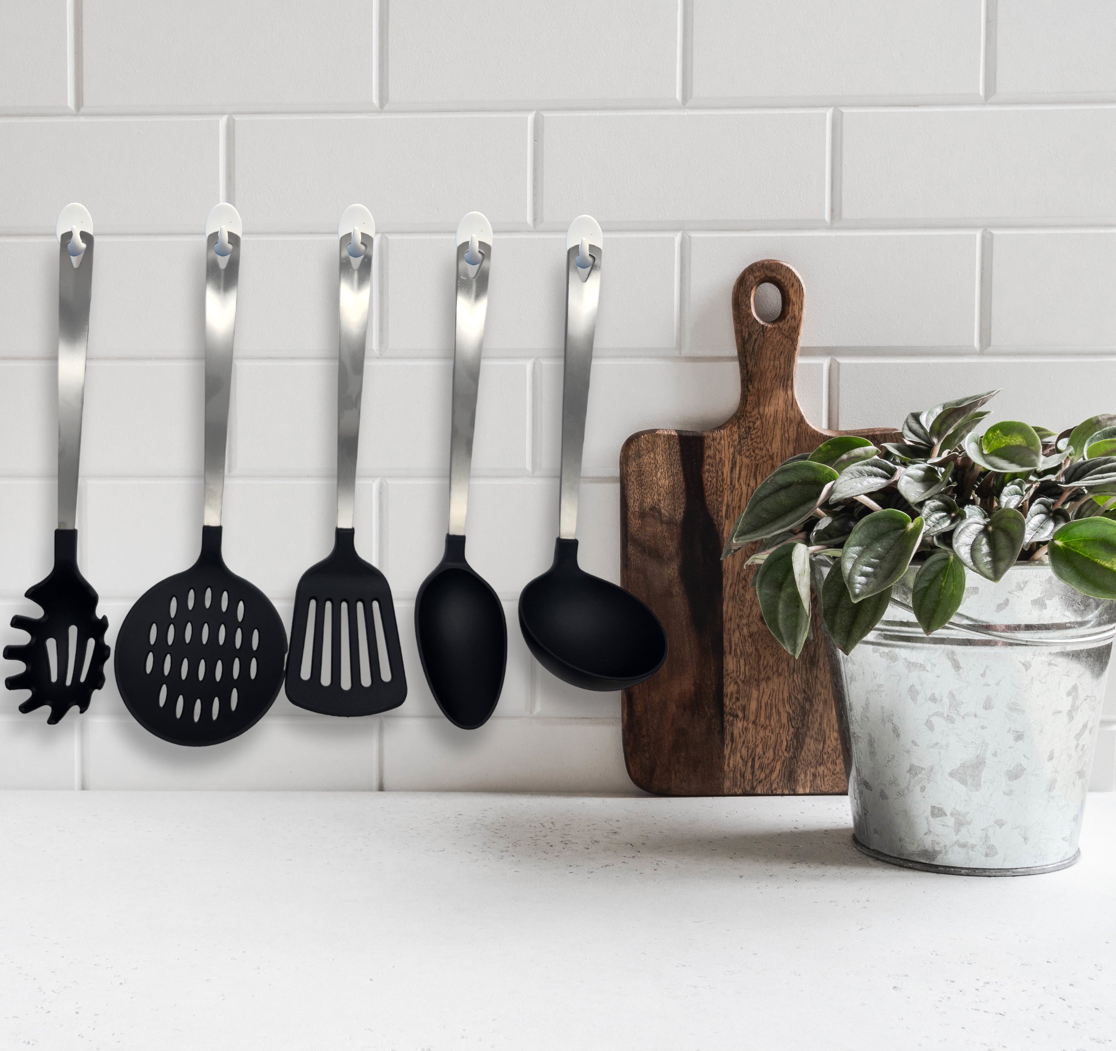 Mainstays Stainless Steel and Nylon Kitchen and Cooking Utensil Set, Spoon, Spatula, Ladle, Pasta Spoon and Skimmer Assorted Colors - Image 2