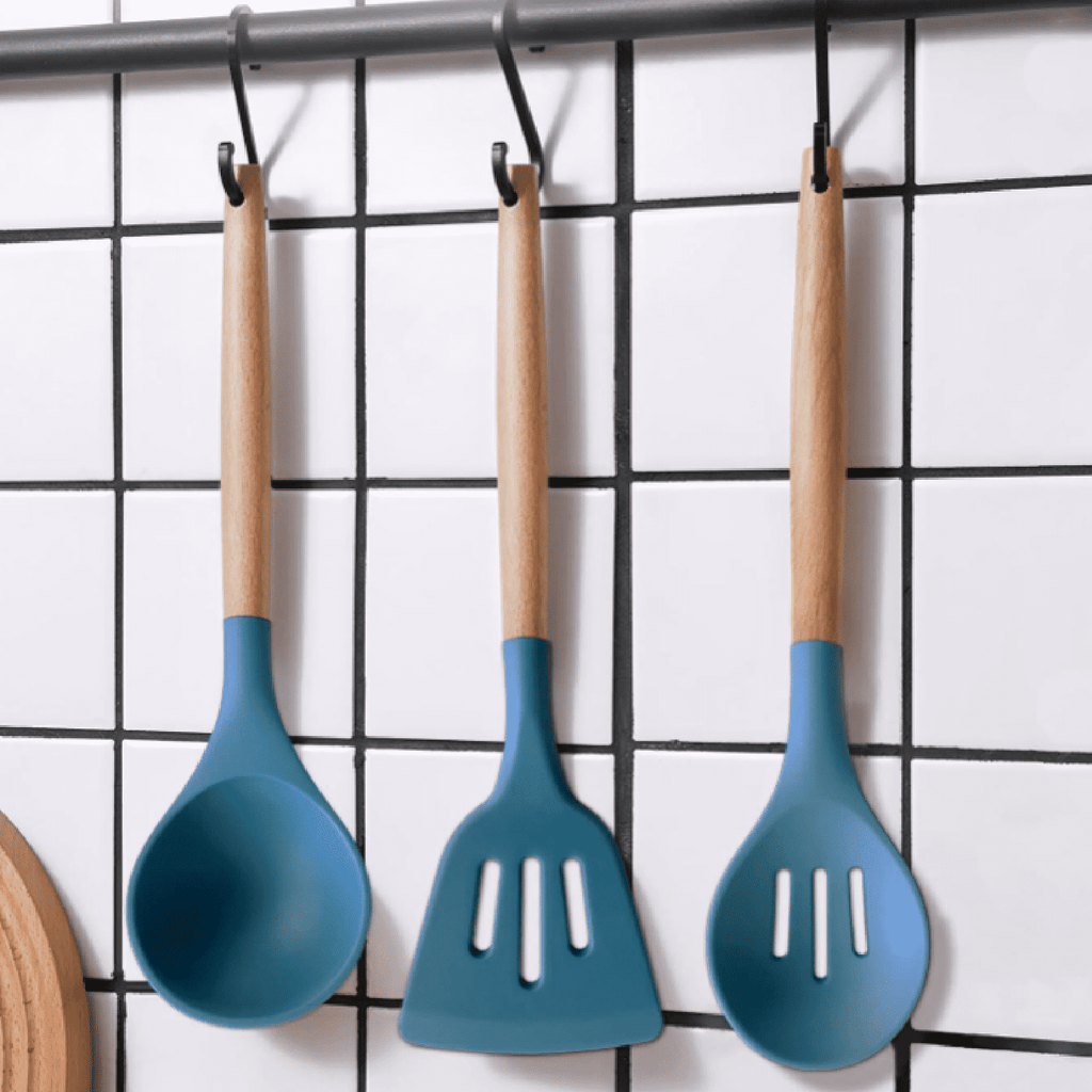 Silicone Cooking Utensils Set 6Pcs Heat Resistant Silicone Kitchen Utensils Set for Cooking Spatula Spoon Turner Ladle w Wooden Handle, BPA - Image 3