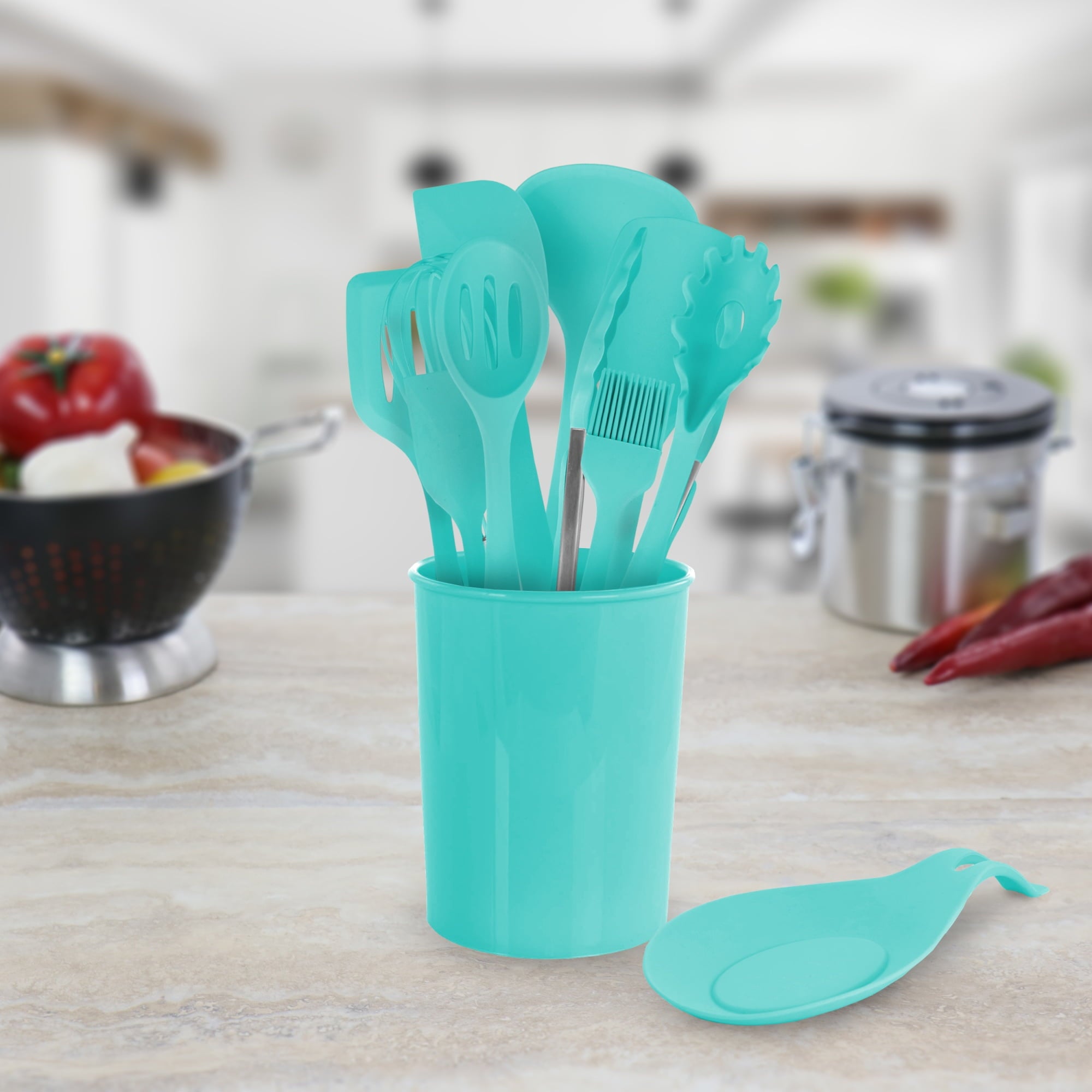 Light Teal 12 Piece Silicone Cooking Utensils - Image 4