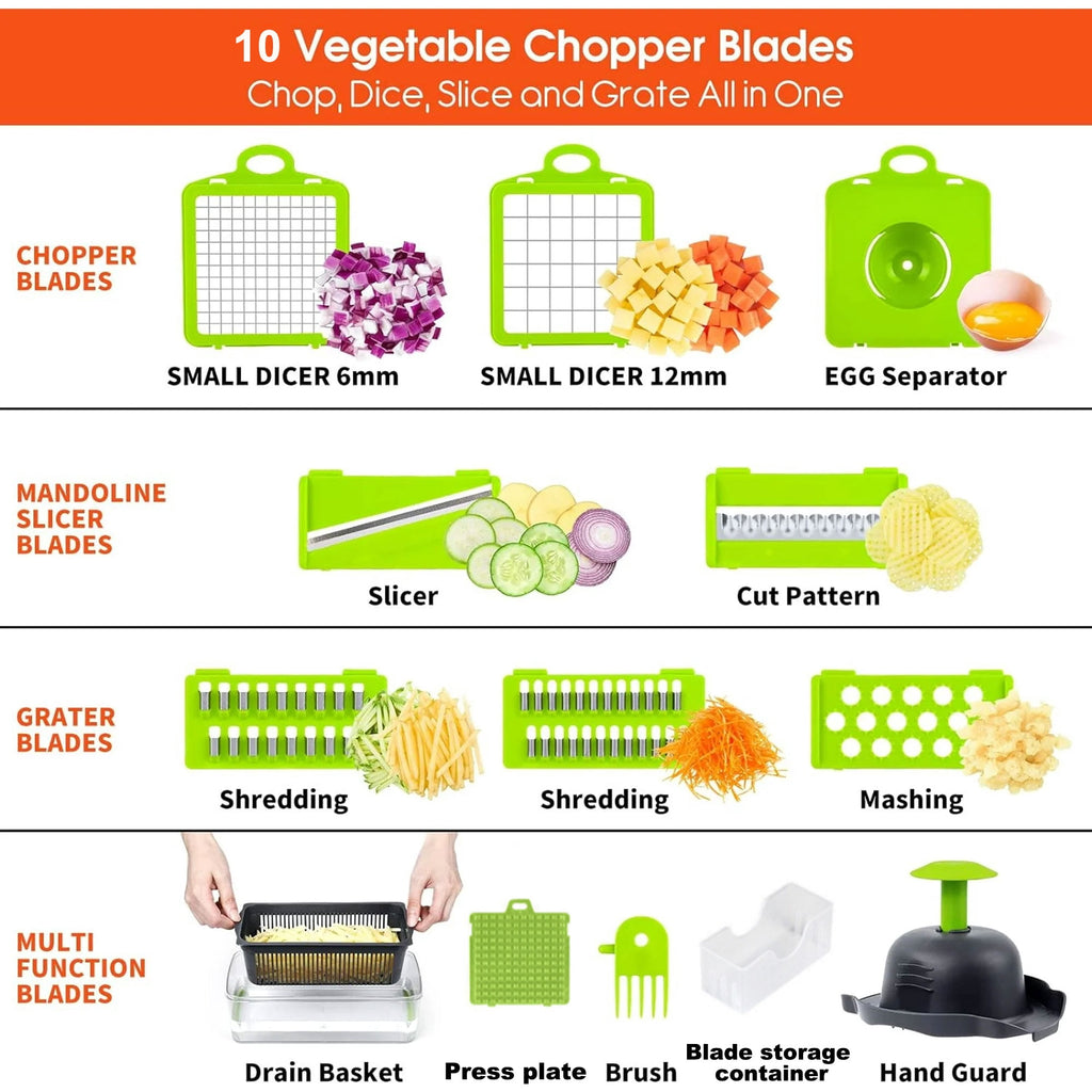 10-in-1 Vegetable Chopper Mandoline Slicer, 8 Blade Food Cutter with Colander Basket & Storage Case - Image 5