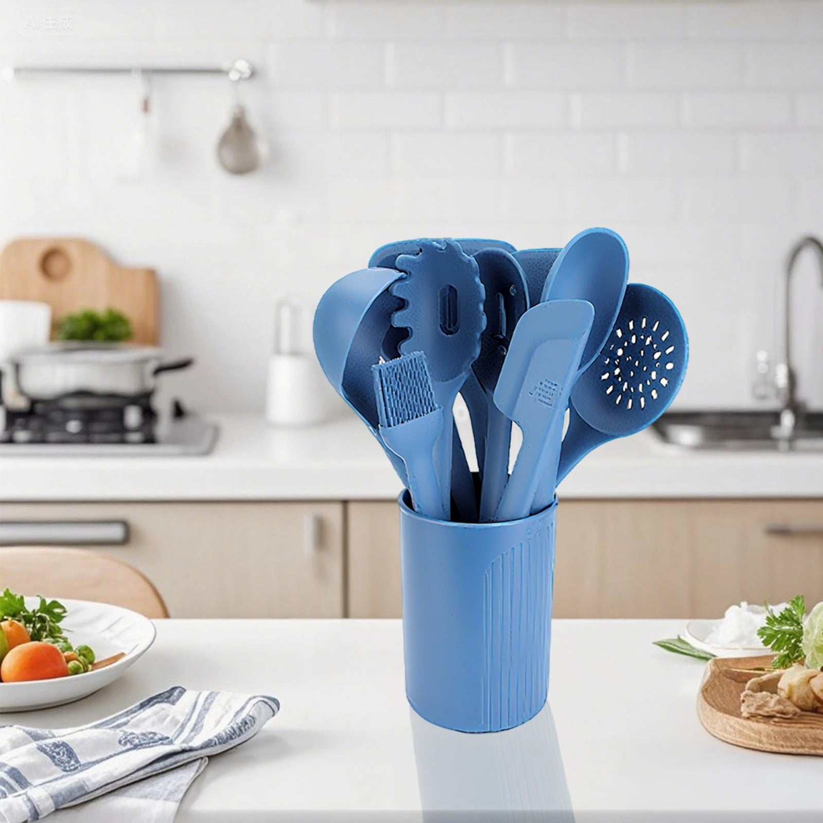 11-Piece Set Silicone Cooking Utensils, Blue Kitchen Utensil Set, Heat Resistant, Include Spatulas Spoons and Holder,... - Image 2