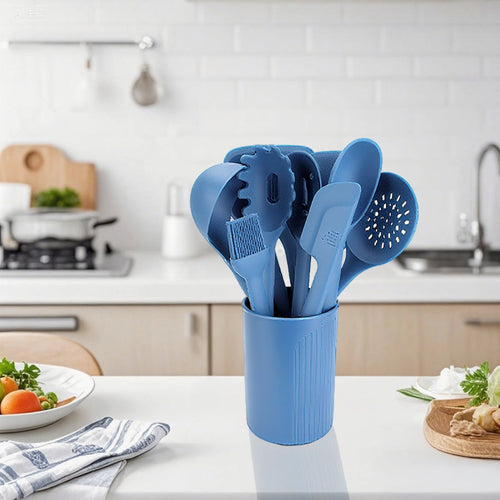 11-Piece Set Silicone Cooking Utensils, Blue Kitchen Utensil Set, Heat Resistant, Include Spatulas Spoons and Holder,... - Image 2