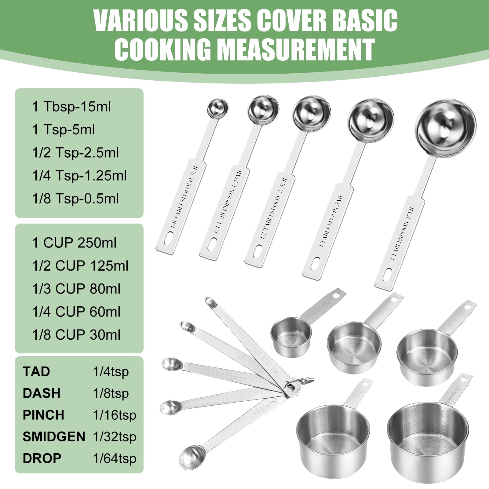 Measuring Cups and Spoons Set of 16, 5 Stainless Steel Nesting Measuring Cups & 5 Spoons, 1 + Leveler & 5 Mini Measuring Spoons for Cooking - Image 6