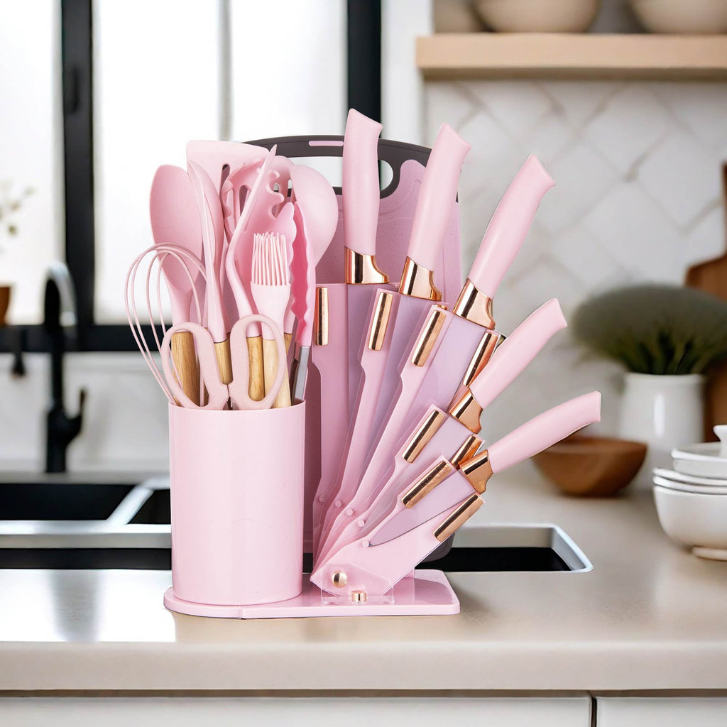 HEESEM 19-Piece Silicone Kitchen Utensil & Knife Set - Heat-Resistant Cooking Tools Non-Stick Safe Gift for Mom or Women Pink - Image 5