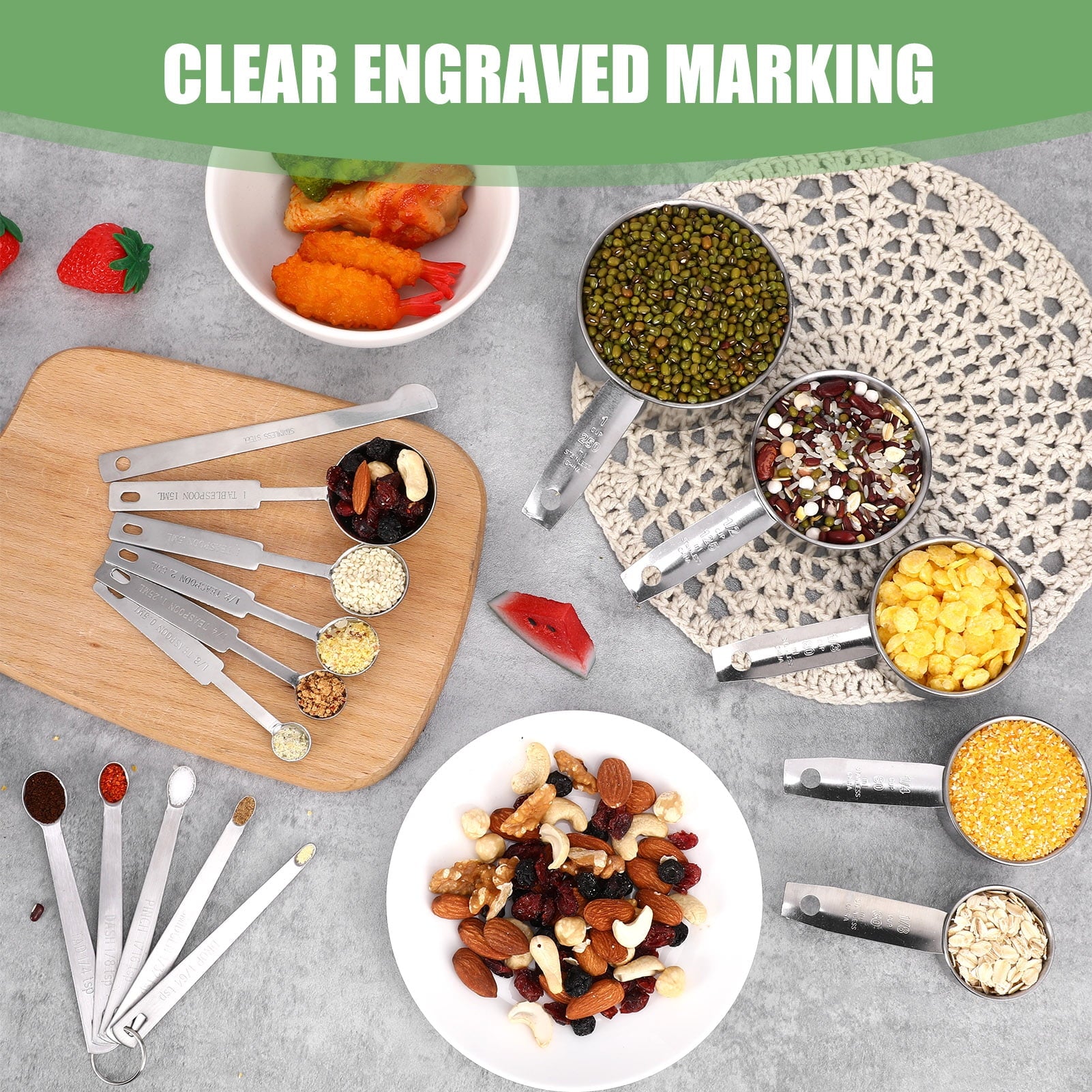 Measuring Cups and Spoons Set of 16, 5 Stainless Steel Nesting Measuring Cups & 5 Spoons, 1 + Leveler & 5 Mini Measuring Spoons for Cooking - Image 4