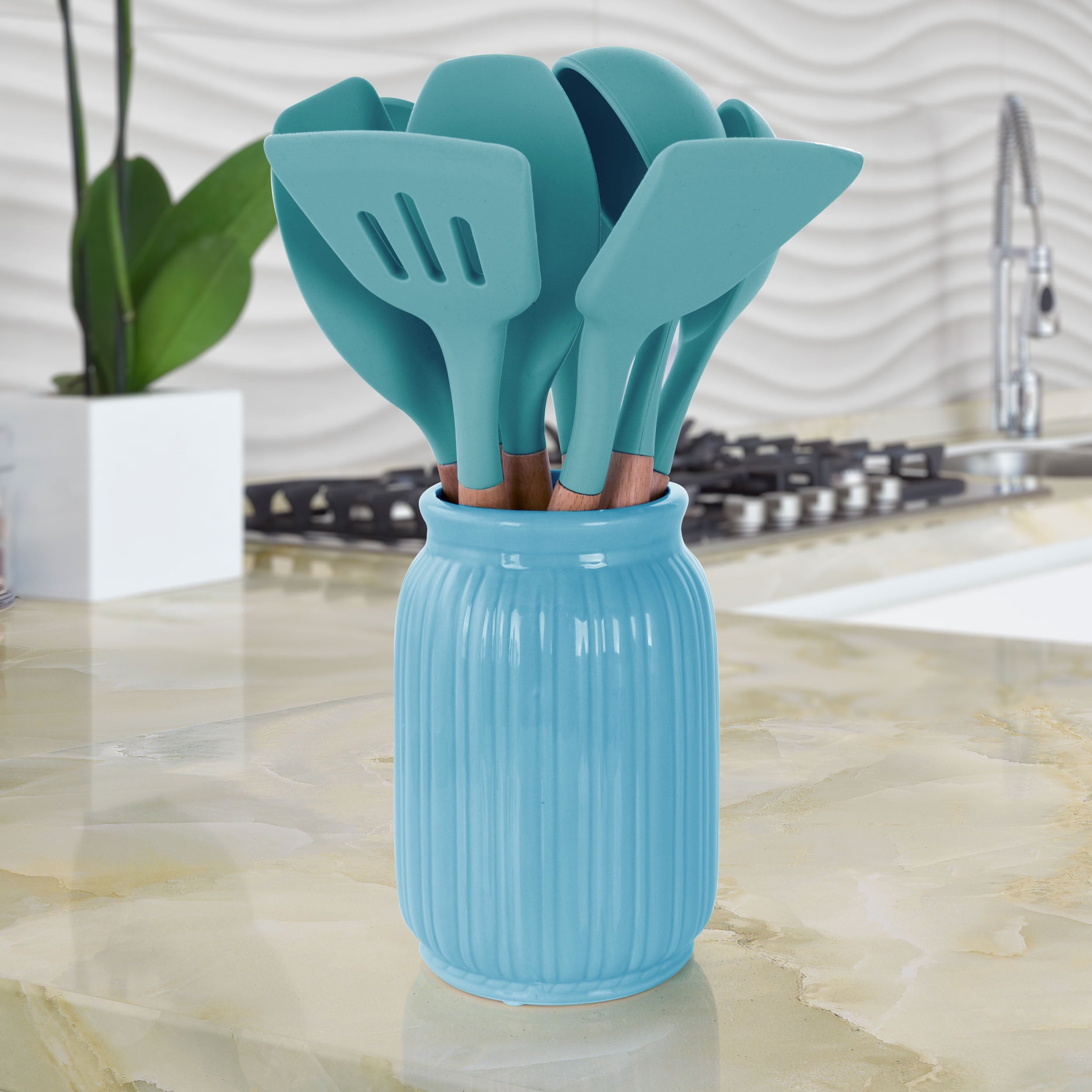 Light Teal 9 Piece Silicone and Wood Cooking Utensils - Image 3