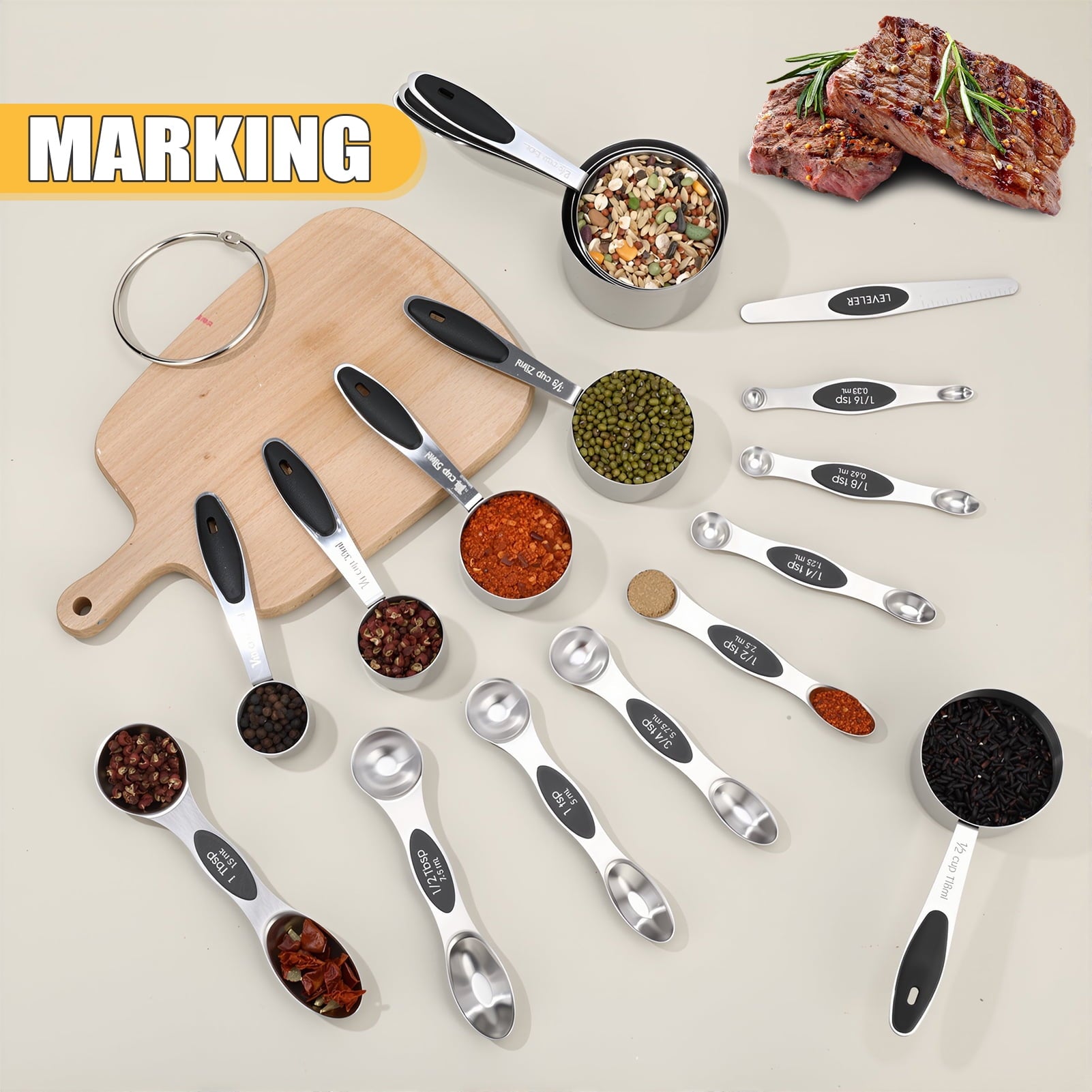 17 Pieces Measuring Cups and Magnetic Measuring Spoons Set Stainless Steel, 8 Measure Cups with Silicone Handle and 8... - Image 6