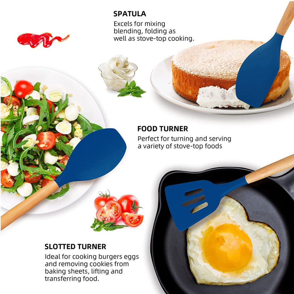 12 Pcs Silicone Cooking Utensils,Wooden Kitchen Utensil Set, Kitchen Household Products,Dark blue - Image 2