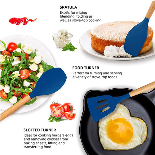 12 Pcs Silicone Cooking Utensils,Wooden Kitchen Utensil Set, Kitchen Household Products,Dark blue - Image 2