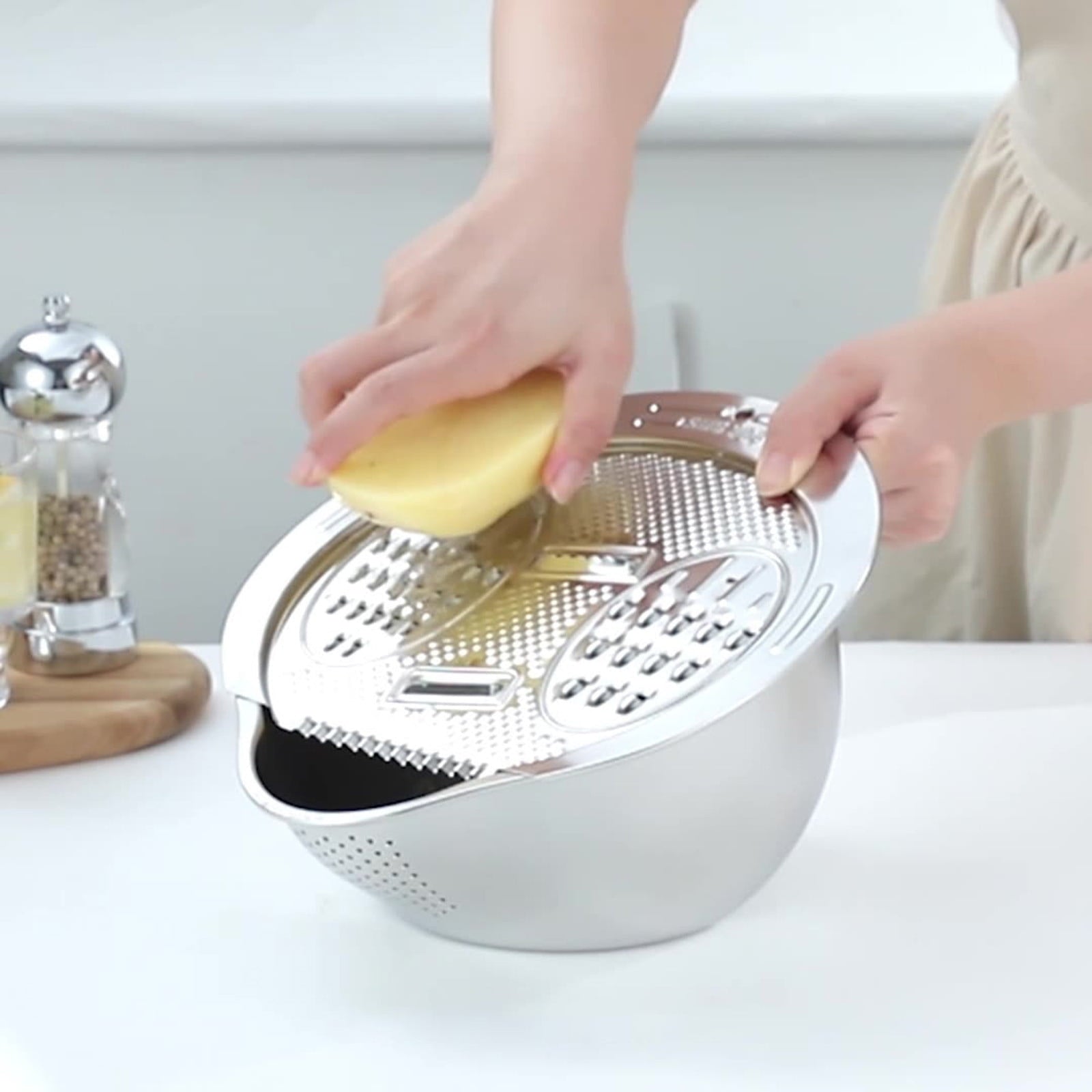 Stainless Steel Salad Chopper & Colander Set, Multi-Blade Mandoline Slicer Grater with Drain Basket & Mixing Bowl, Al... - Image 5