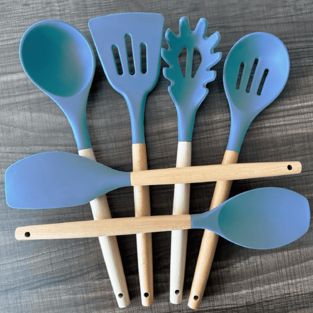 Silicone Cooking Utensils Set 6Pcs Heat Resistant Silicone Kitchen Utensils Set for Cooking Spatula Spoon Turner Ladle w Wooden Handle, BPA - Image 4