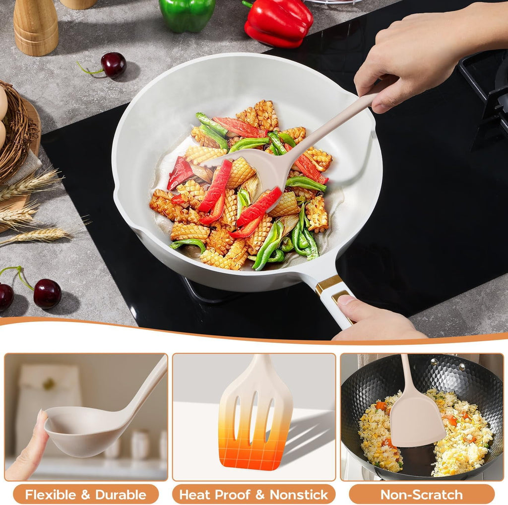 Silicone Cooking Utensils Set of 10, Kitchen Utensils for Nonstick Cookware, Heat Resistant & Nontoxic Spatula Set - Khaki. - Image 2