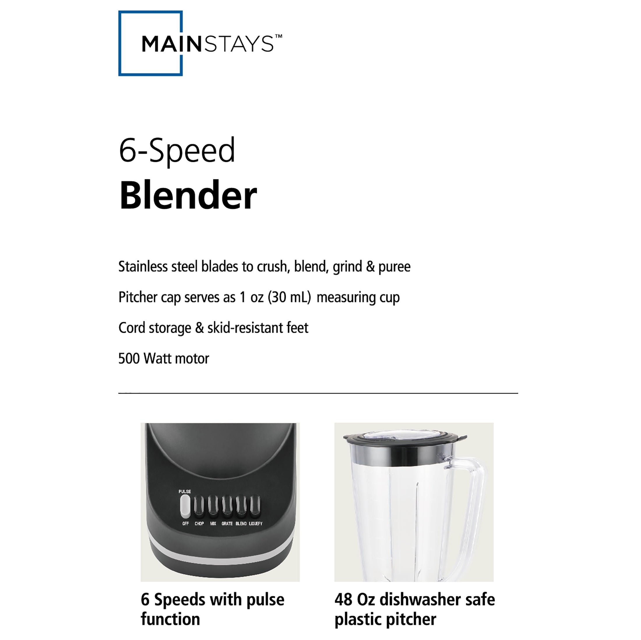 500 W 6-Speed Blender With 48 oz/1.5 L Jar , Black - Image 4