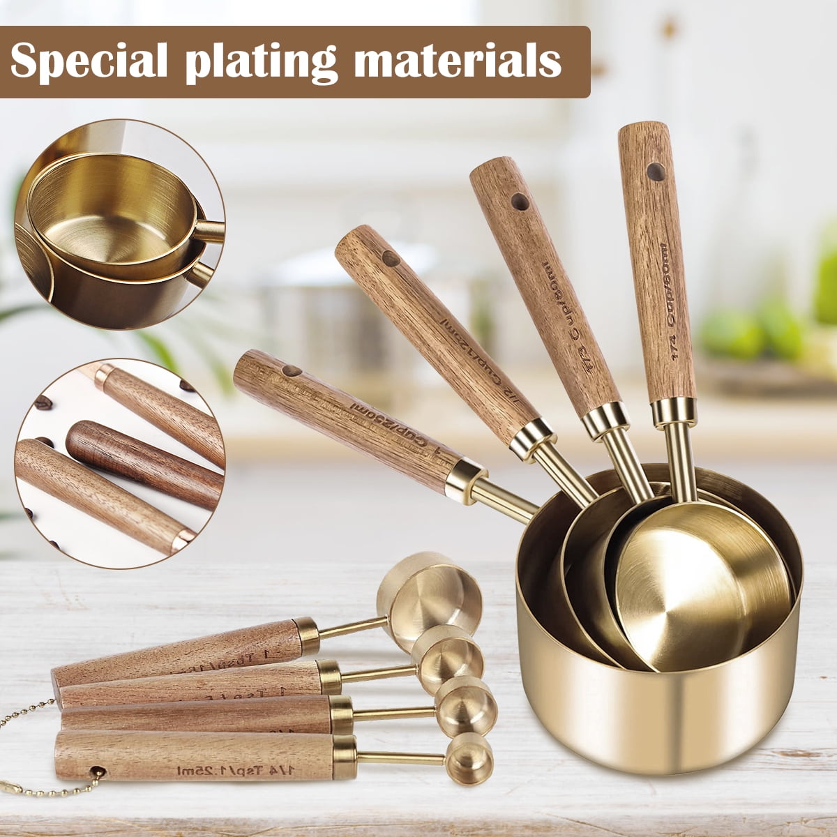 8Pcs Measure Cup and Spoon Set Gold Measuring Cup Spoon Set with Wooden Handle Stainless Steel Stackable Kitchen and Baking Measurement Kitc - Image 3