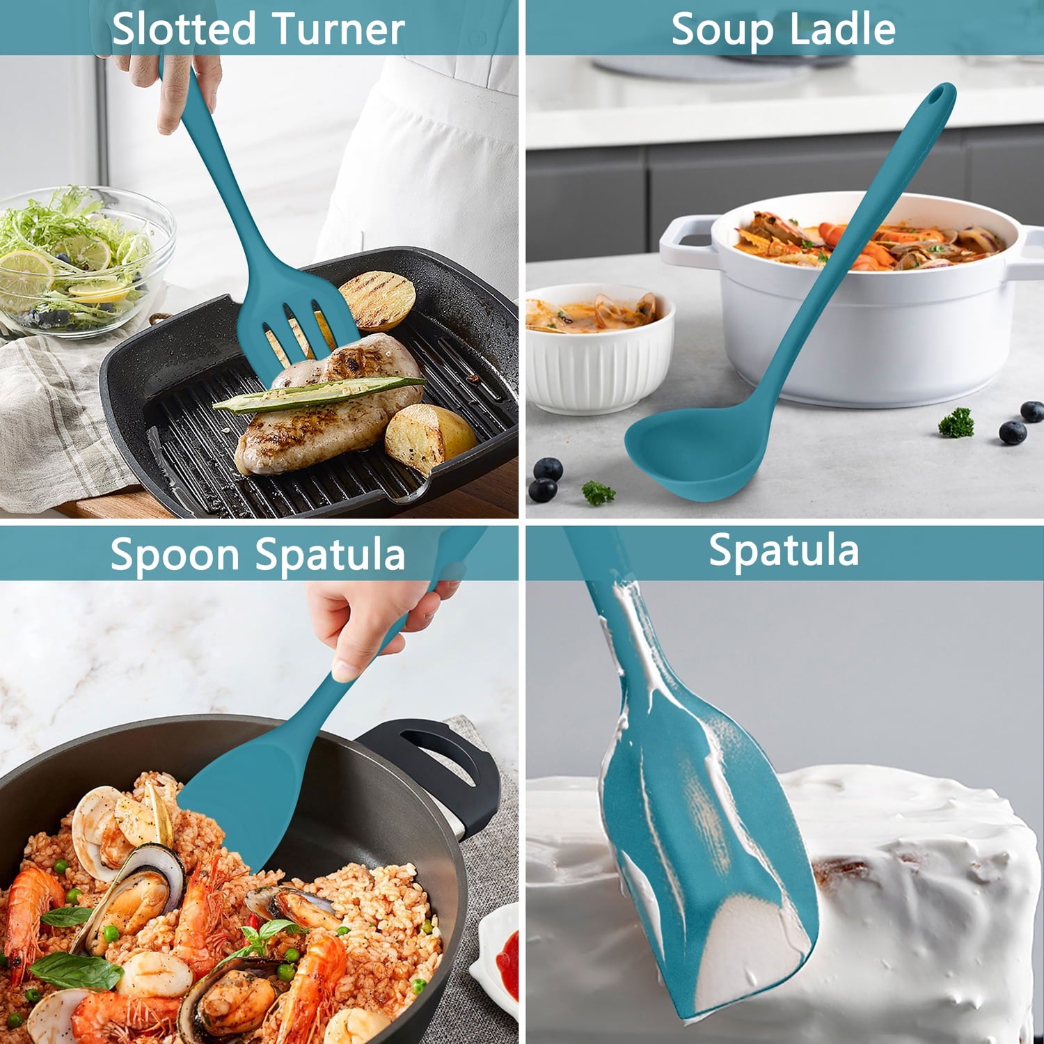 7-Piece Silicone Cooking Utensils Set, Blue Kitchen Utensils, Non-stick Gadgets Tools Include Slotted Turner, Soup La... - Image 6