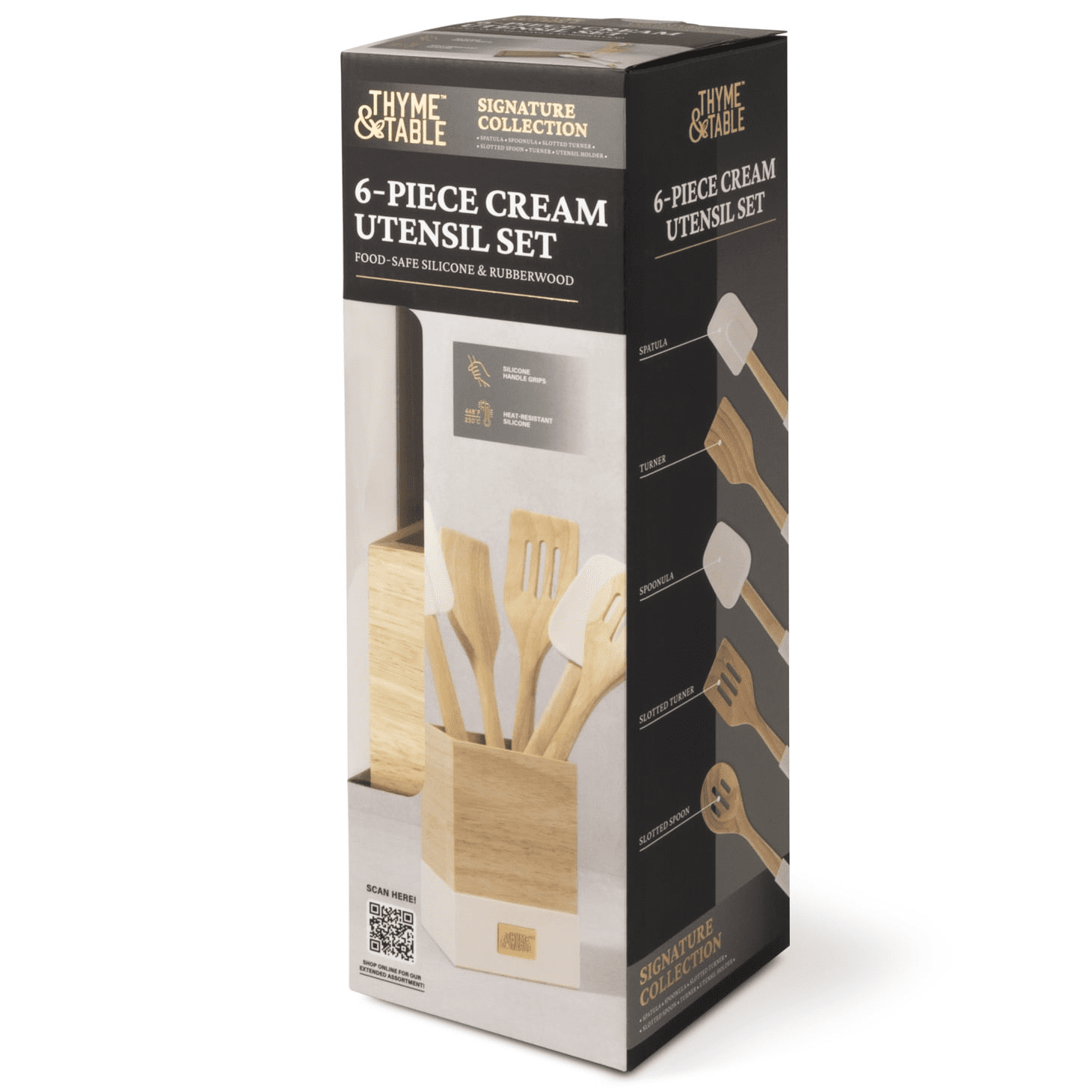 Thyme & Table 6-Piece Wood and Silicone Utensil Set, Cream - Image 3