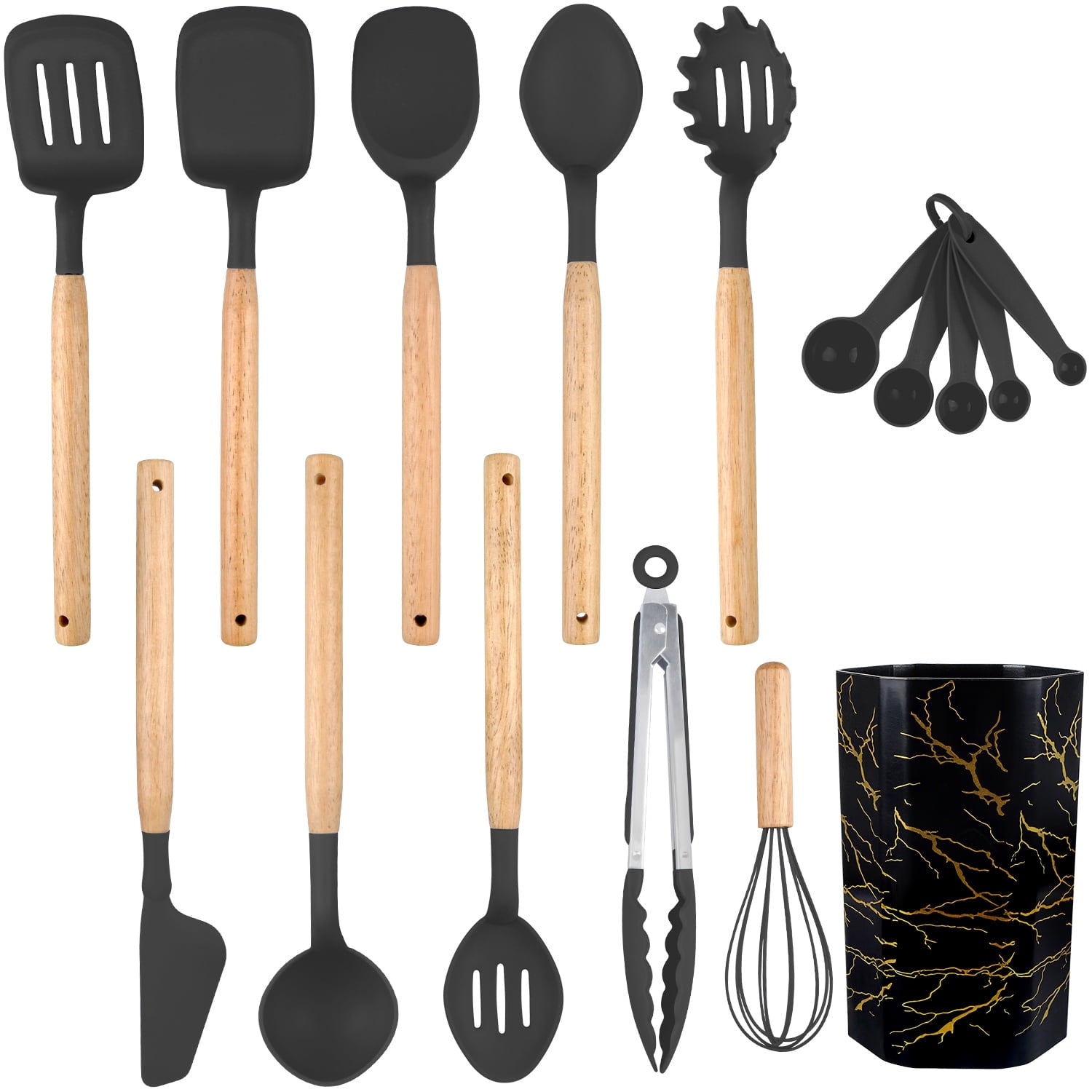 Silicone Cooking Utensils Sets with Utensils Holder AILKIN 12-Piece Wooden Handle Kitchen Utensil Set 600F Heat Resistant Non-stick Cookware - Image 4