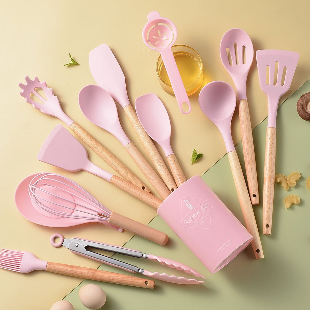 Kitchen Utensils & Gadgets,Wooden Handle Silicone Kitchenware Set 14 Piece Round Barrel Set Non Stick Pot Cooking Spo... - Image 2