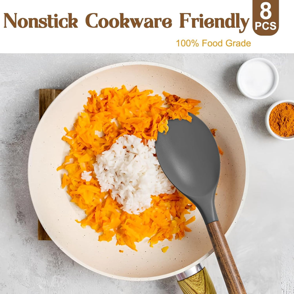 Kitchen Cooking Utensils Set, 12 pcs Non-Stick Silicone Cooking Kitchen Utensils Spatula Set with Holder, Wooden Hand... - Image 2