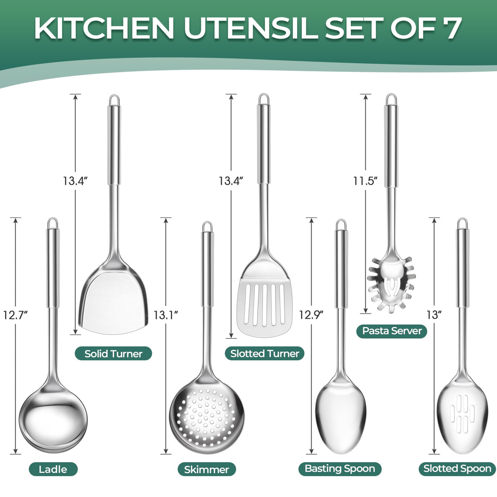 Kitchen Utensils Set, 7 PCS Stainless Steel Cooking Tools, Metal Kitchen Tools Set, Heat Resistant & Dishwasher Safe - Image 2