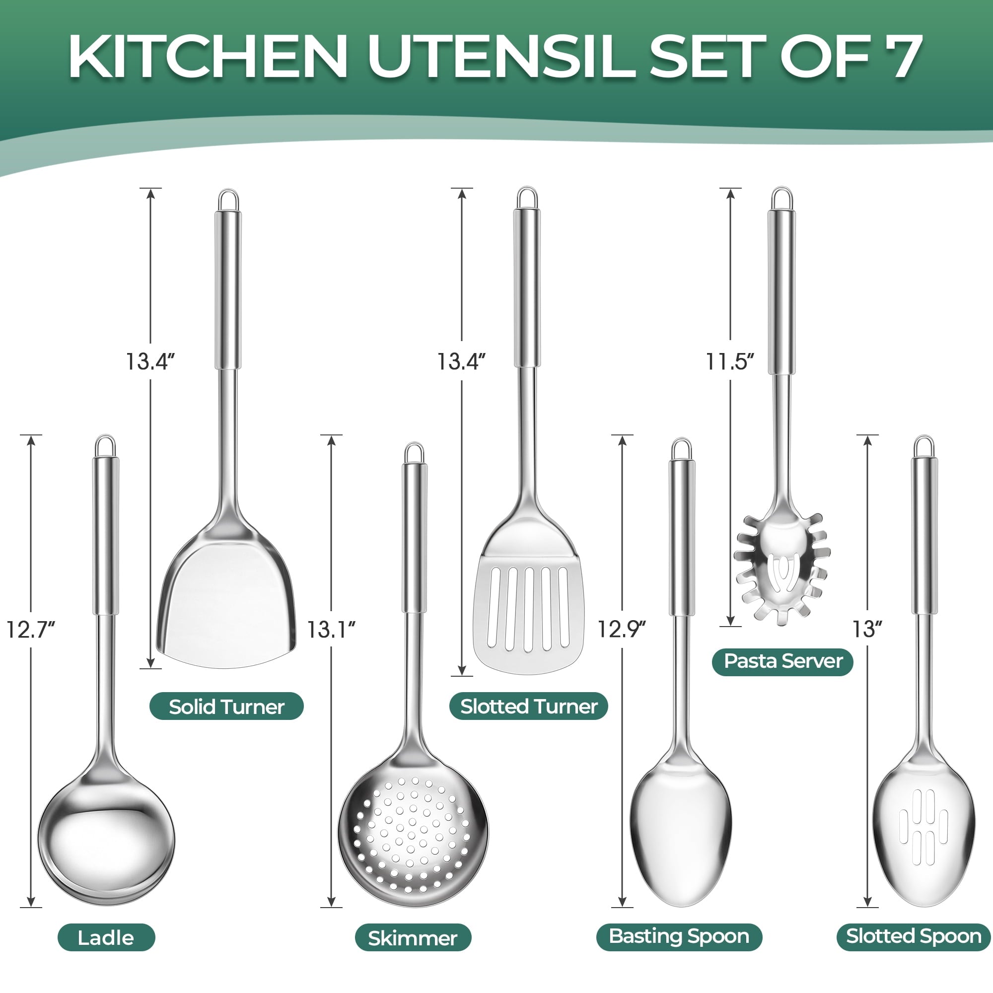 Kitchen Utensils Set, 7 PCS Stainless Steel Cooking Tools, Metal Kitchen Tools Set, Heat Resistant & Dishwasher Safe - Image 2