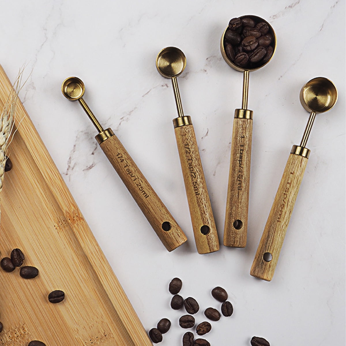 8Pcs Measure Cup and Spoon Set Gold Measuring Cup Spoon Set with Wooden Handle Stainless Steel Stackable Kitchen and Baking Measurement Kitc - Image 4