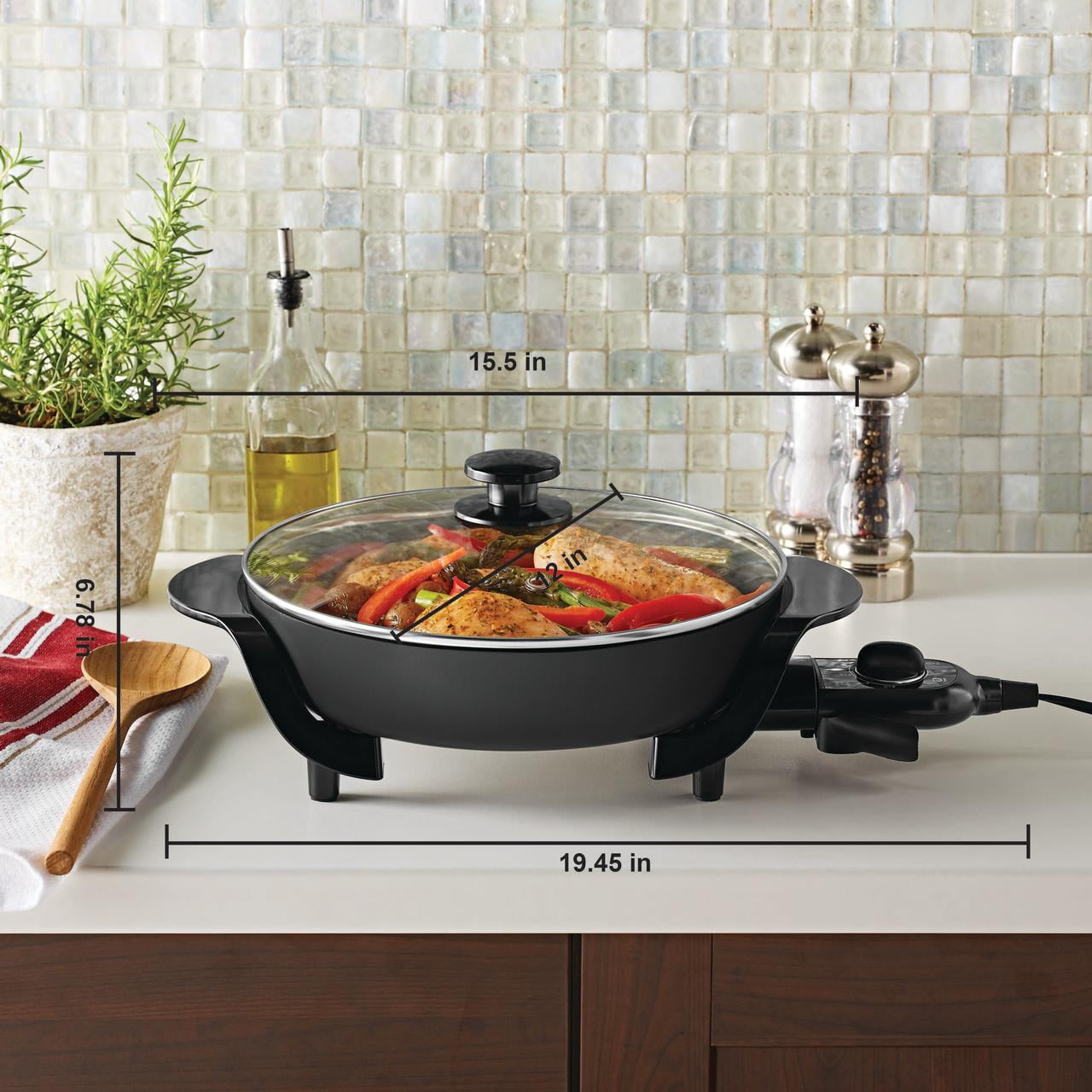 12" Round Ceramic Skillet, Black,Nonstick, 1200W, Removable Temp Control, Dishwasher Safe - Image 3