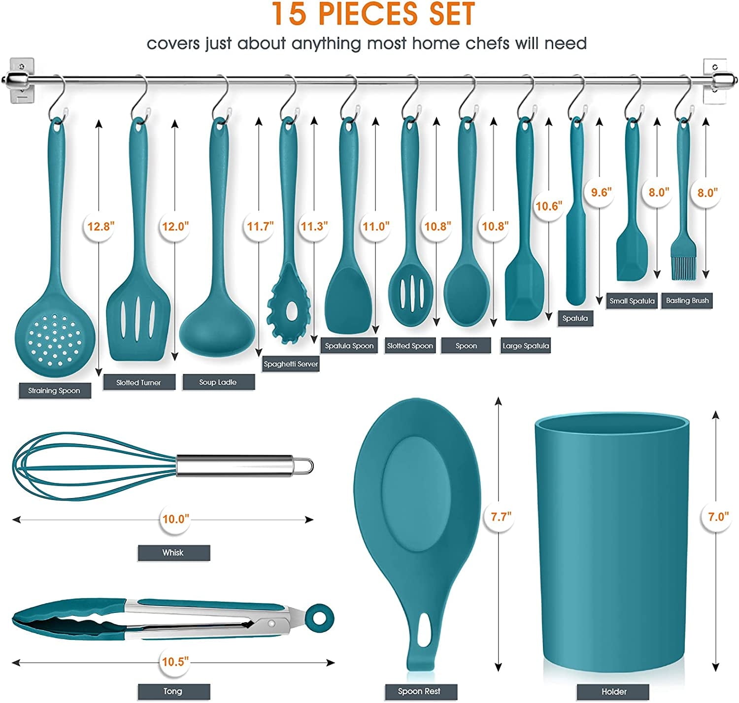 Vesteel 15-Piece Kitchen Utensils Set, Silicone Cooking Utensils with Holder, Non-stick Cookware Friendly & Heat Resistant - Teal Blue - Image 2