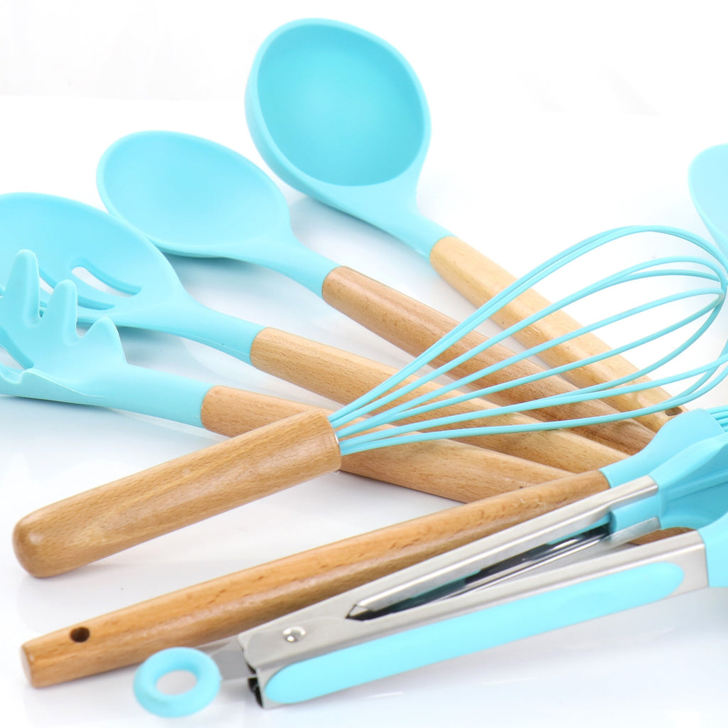 Light Teal 12 Piece Silicone and Wood Cooking Utensils - Image 3