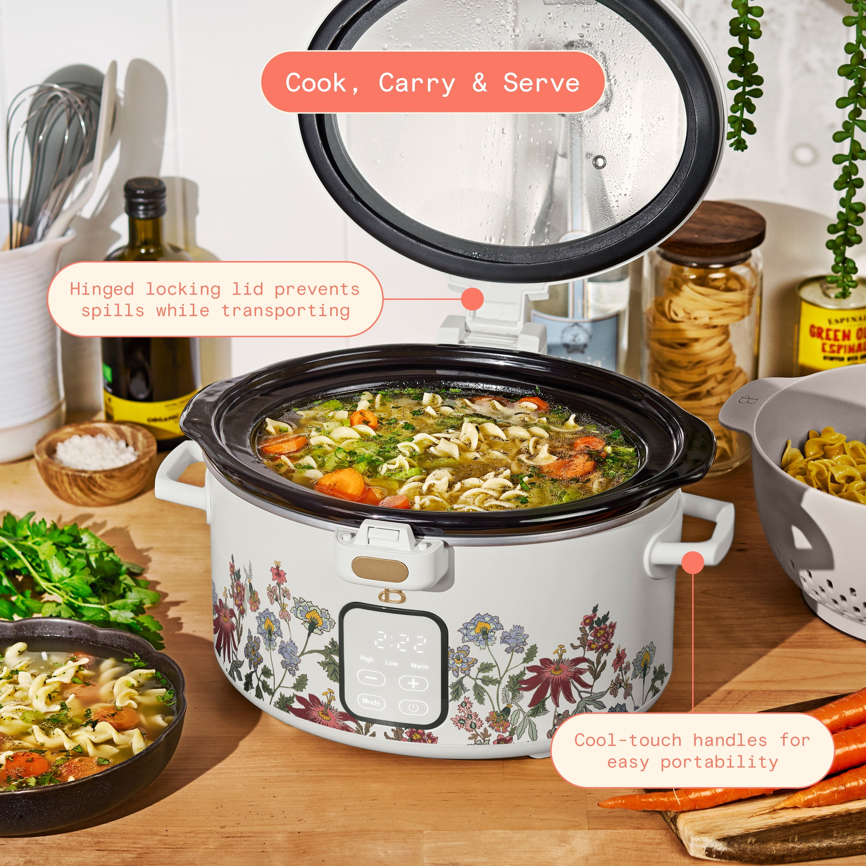 Beautiful 4 Qt Digital Slow Cooker with Hinged Locking Lid, Wildflower White by Drew Barrymore - Image 4