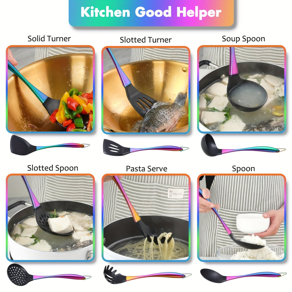 17-Piece Titanium Rainbow Silicone Kitchen Utensils Set with Holder, Heat-Resistant Non-Stick Tools with Stainless St... - Image 6
