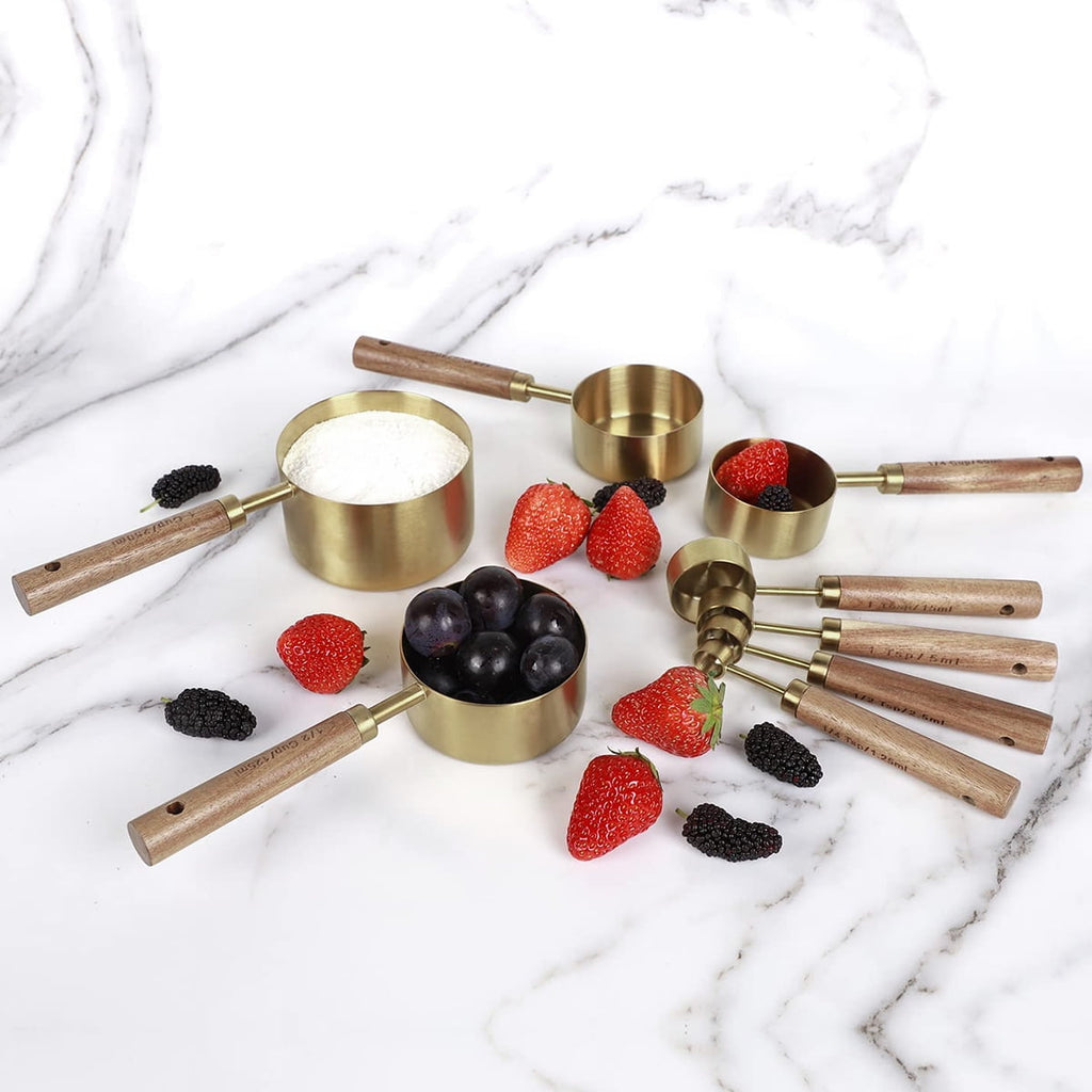 8Pcs Measure Cup and Spoon Set Gold Measuring Cup Spoon Set with Wooden Handle Stainless Steel Stackable Kitchen and Baking Measurement Kitc - Image 6