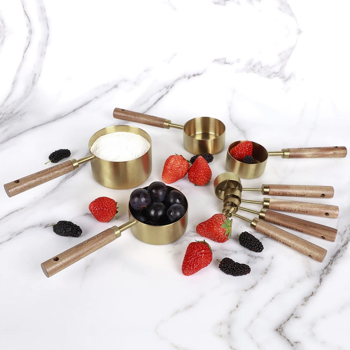 8Pcs Measure Cup and Spoon Set Gold Measuring Cup Spoon Set with Wooden Handle Stainless Steel Stackable Kitchen and Baking Measurement Kitc - Image 6