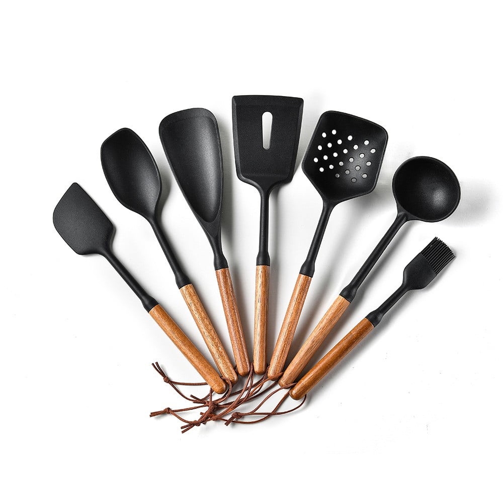 Silicone Kitchen Cooking Utensils with Food-Grade Silicone & Wood Handles, Black Wooden Handle Kitchen Gadgets Kitche... - Image 2