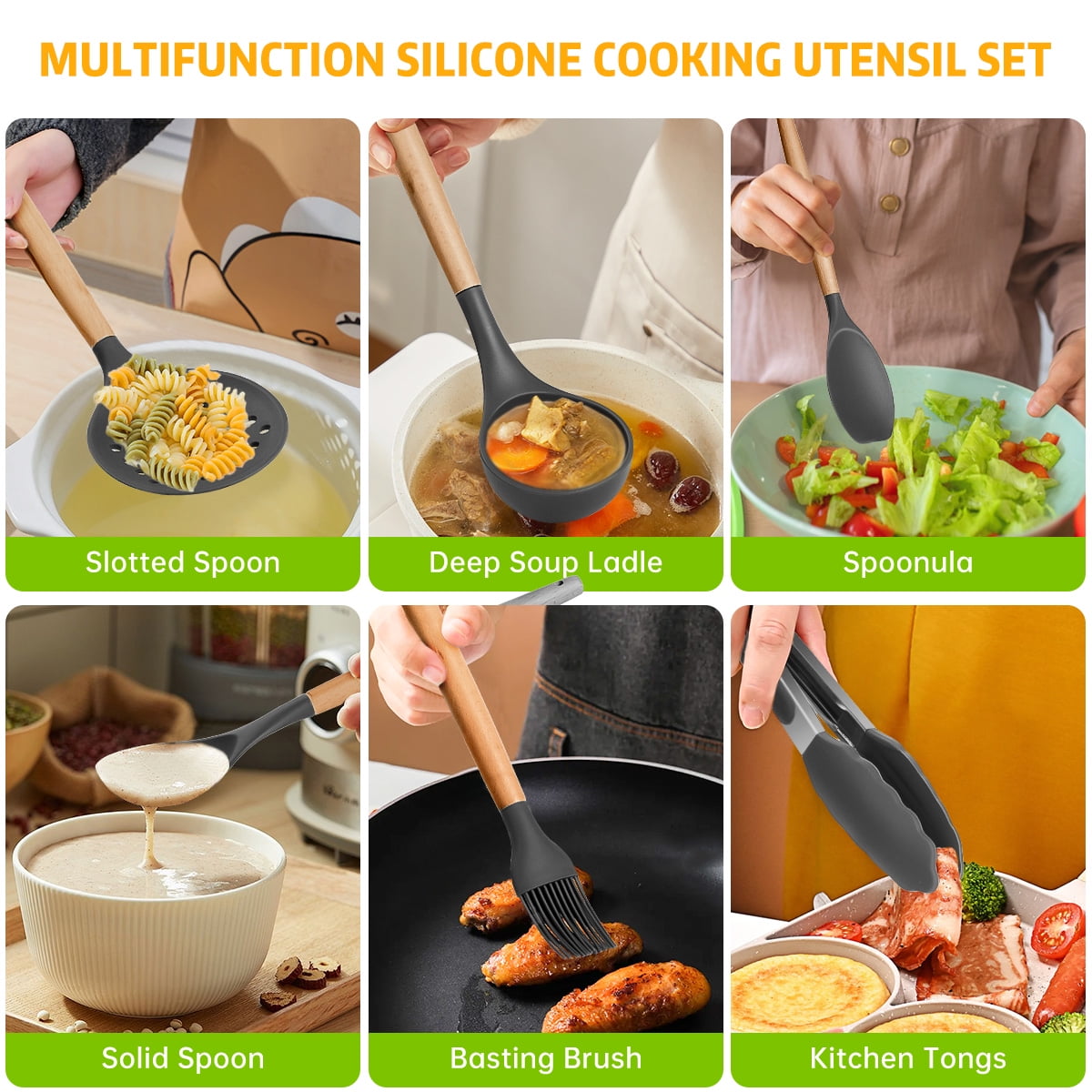 GPED 29 Pcs Silicone Kitchen Utensil Set, Cooking Utensils Set with Wooden Handle, Food Grade Silicone Spatula Set, BPA-Free, 446°F Heat Res - Image 5