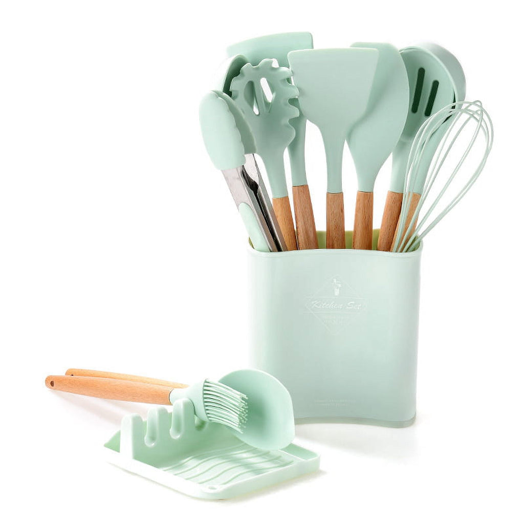 Kitchen Cooking Utensils Set, 11 pcs Non-Stick Silicone Cooking Kitchen Utensils Spatula Set with Holder, Wooden Hand... - Image 3