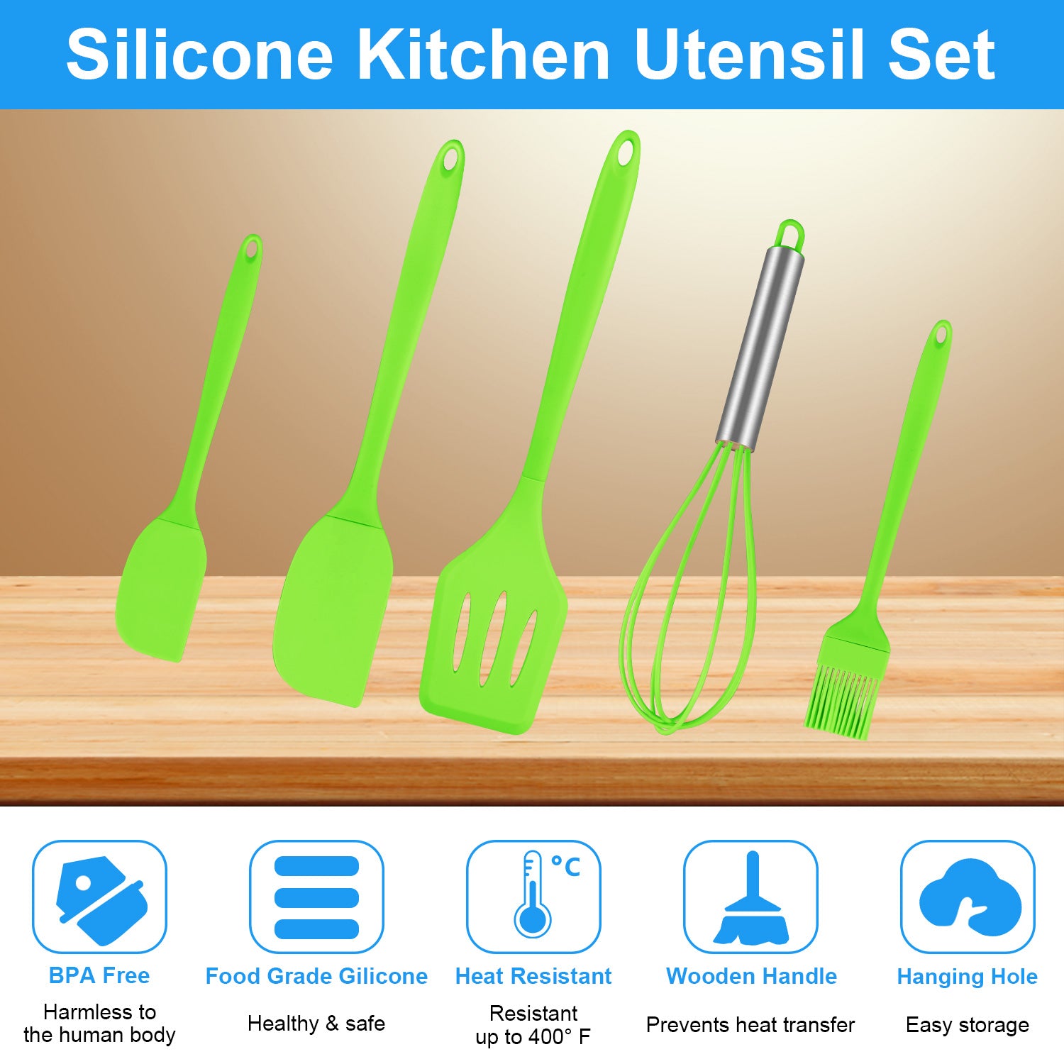 Silicone Cooking Utensils Sets, 5-Piece Kitchen Utensil Set 600F Heat Resistant Non-stick Rubber Cookware Kitchen Sil... - Image 2