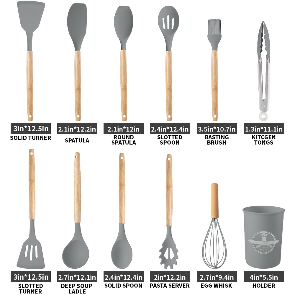 YooYuuk Silicone Wooden Heat Resistant Kitchen Utensil Set, 12 pcs - Image 4