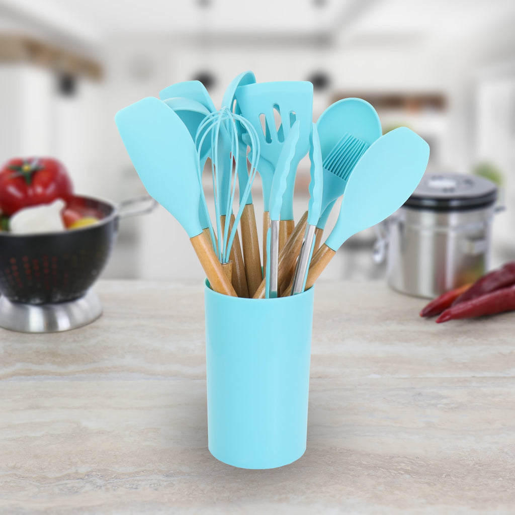 Light Teal 12 Piece Silicone and Wood Cooking Utensils - Image 4