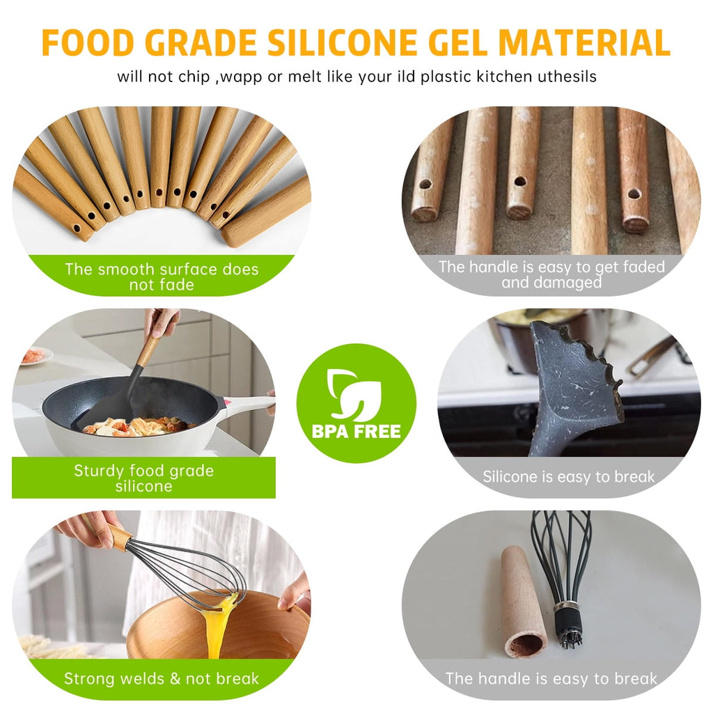GPED 29 Pcs Silicone Kitchen Utensil Set, Cooking Utensils Set with Wooden Handle, Food Grade Silicone Spatula Set, BPA-Free, 446°F Heat Res - Image 6