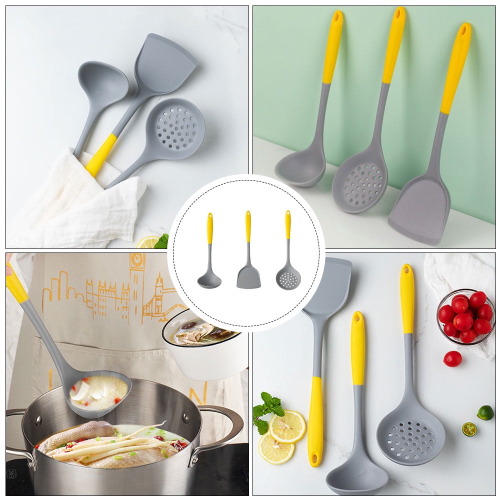 Raindrops Wok Utensils 1 Set Stainless Steel Handle Silicone Cooking Utensils for Kitchen Tools Yellow Grey 33x10cm - Image 3