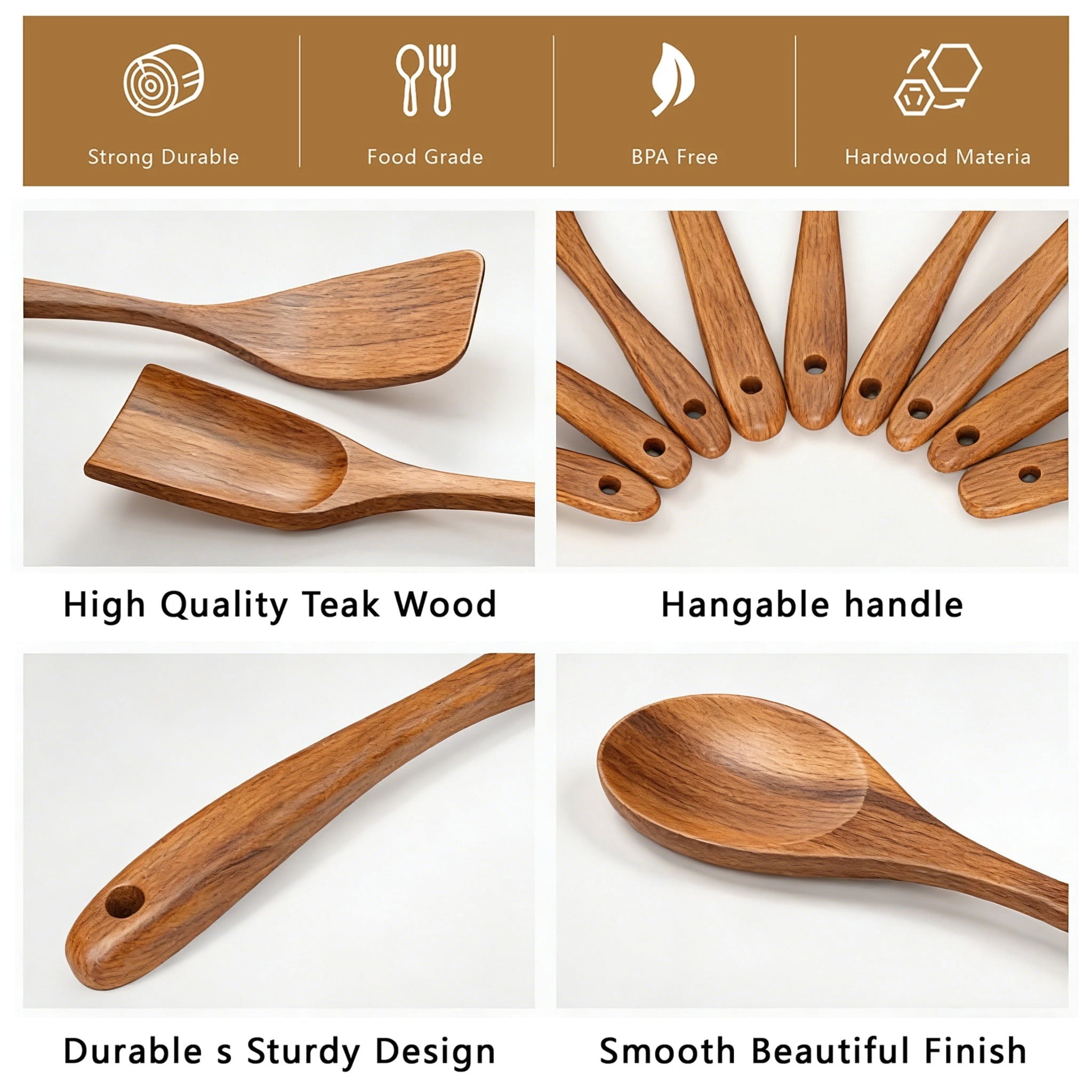 GPED Wooden Spoons for Cooking, 10 PCS Teak Wood Cooking Utensil Set, Wooden Kitchen Utensils for Nonstick Pans & Cookware, Spoons and Spatu - Image 6