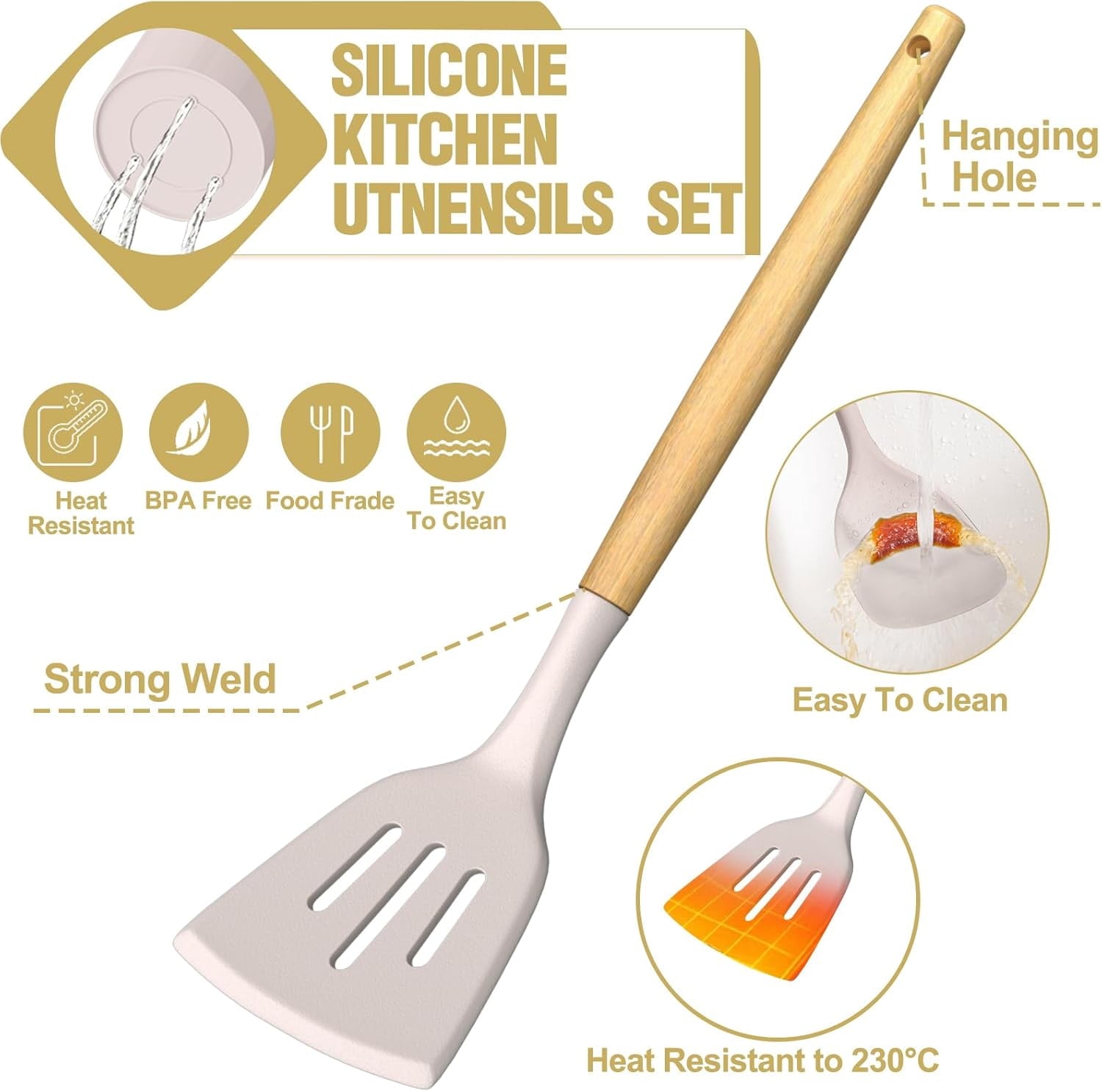 Cooking Utensils Set- Khaki Silicone Kitchen Utensils Set, 34PCS Heat Resistant Kitchen Gadgets Tools Set with Grater, Wooden Handle Kitchen - Image 3