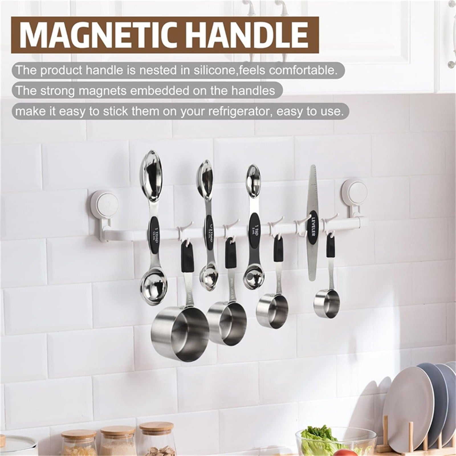 Magnetic Silicone Handle Stainless Steel Measuring Cups Set | 5-Piece Stackable Kitchen Baking Tools with Scales | 1,... - Image 6