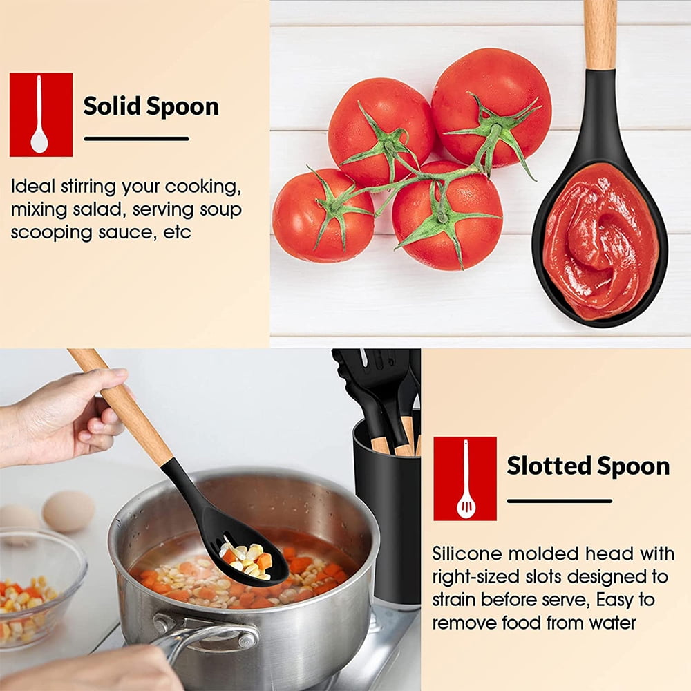 Kitchen Utensils Set of 6, VeSteel Silicone Cooking Utensils with Wooden Handle, Non-Stick Cookware & Heat Resistant, Includes Spatula/Ladle - Image 4