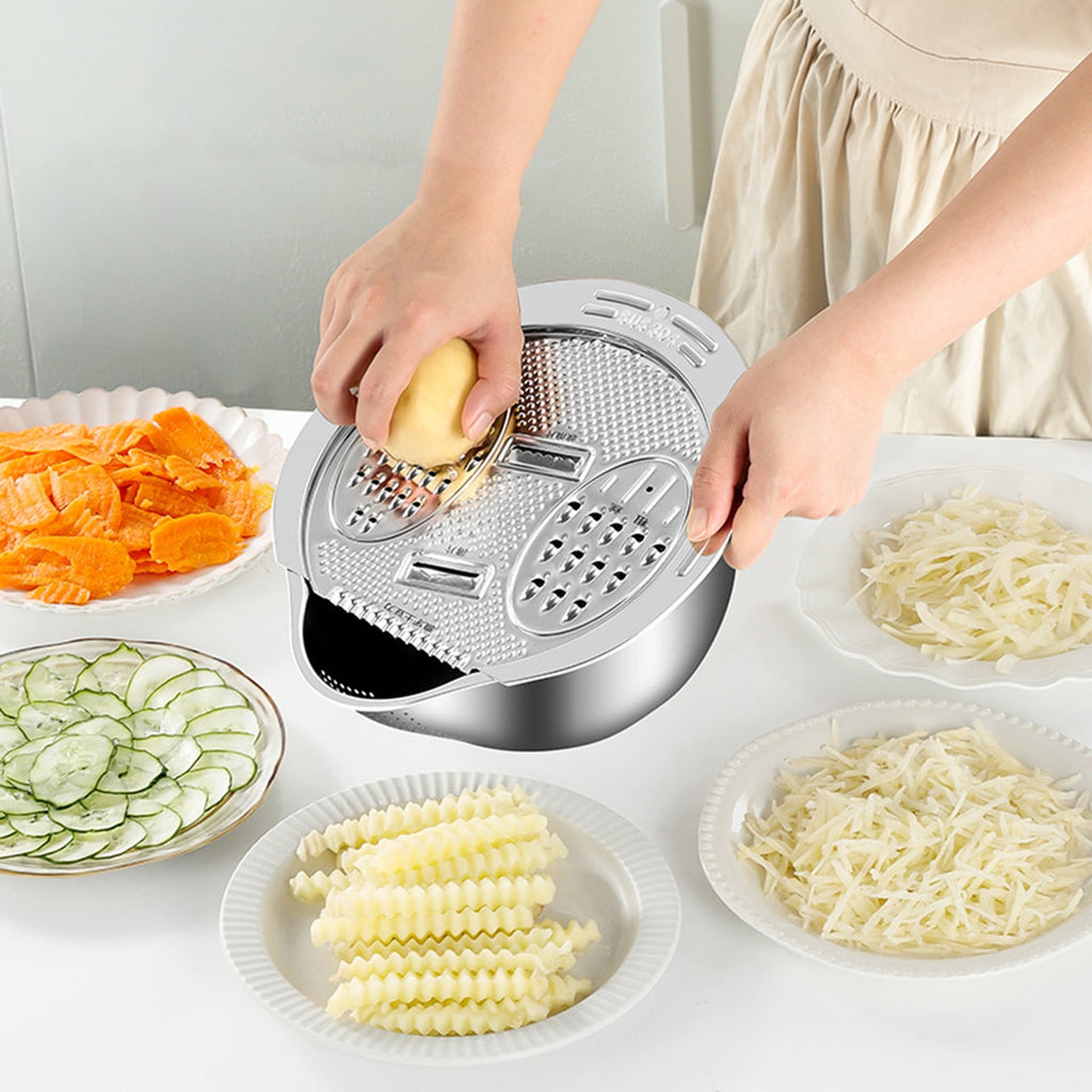 Stainless Steel Salad Chopper & Colander Set, Multi-Blade Mandoline Slicer Grater with Drain Basket & Mixing Bowl, Al... - Image 6
